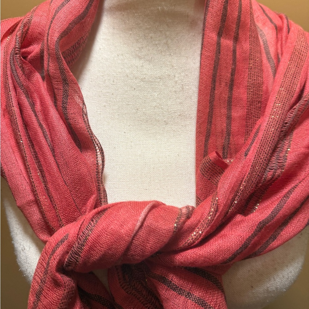 Talbots Red pink Metallic Scarf wrap fringed azlon made in India NWT - Picture 9 of 10